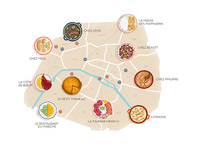 Food in Paris illustrated map book editorial illustration food france illustrated map illustration illustrations illustrator map map design maps paris