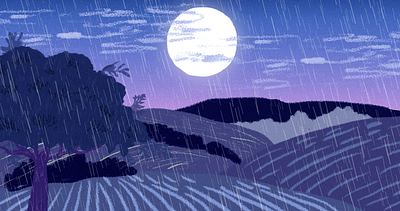 Screen "El hijo que regaló la luna" animation forest illustration landscape moonlight mountains rain
