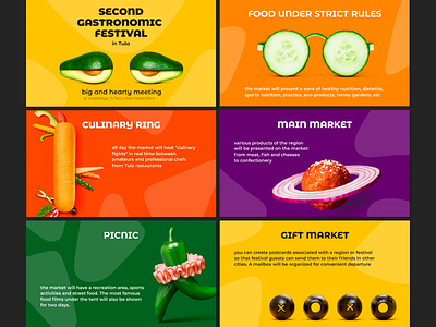 Presentation for Gastronomic Festival animation avocado branding bright colors cucumber design festival food food creative gastronomy graphic design hot dog juicy onions pepper presentation tasty ui vegetables