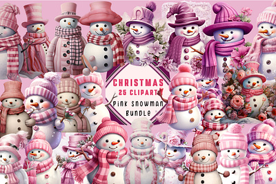 Pink Cute Christmas Snowman Clipart printable
