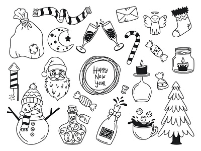 Set of Christmas illustrations black and white christmas christmas atmosphere christmas elements creative drawings decorative elements doodle drawing drawn doodles freehand drawing gift elements harmony of shapes minimalism new year elements set new year icons new year items ready made design solutions santa claus sketch winter elements
