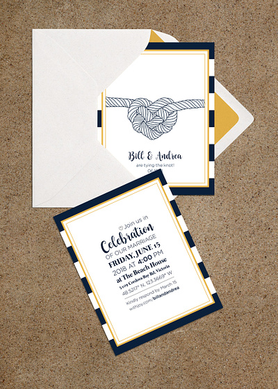 Wedding invitation blue boating heart invitation knot nautical wedding yellow
