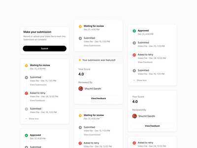 Submission Status Cards approve cards clean component content card design system exercise flat icons inprogress lyearn minimalist progress status submission submit ui ux