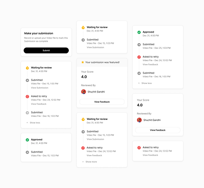 Submission Status Cards approve cards clean component content card design system exercise flat icons inprogress lyearn minimalist progress status submission submit ui ux