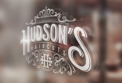 Hudson's Haircuts barber haircuts logo mockup window