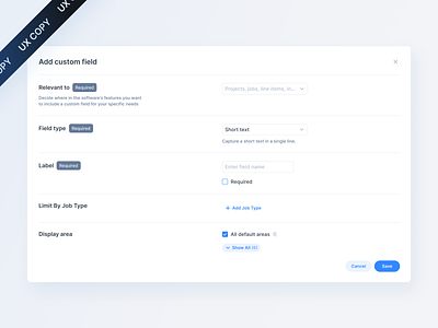 UX COPY / Web App / Add custom field dark fields minimalism modal pop up ux copy