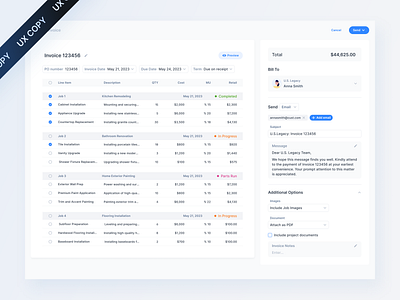 UX COPY / Web App / Create invoice customer fields grid invoice list send ux copy