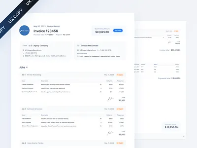 UX COPY / Web App / Invoice customer document fields invoice list ux copy