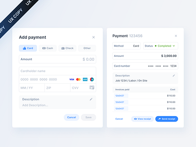 UX COPY / Web App / Payment card check fields list modal payment ux copy