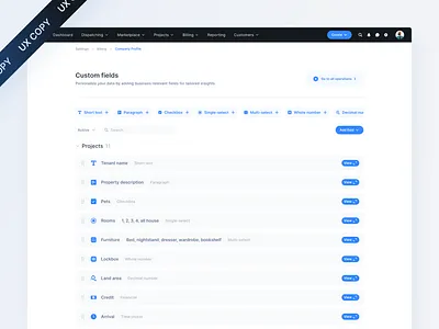 UX COPY / Web App / Custom fields fields list settings ux copy