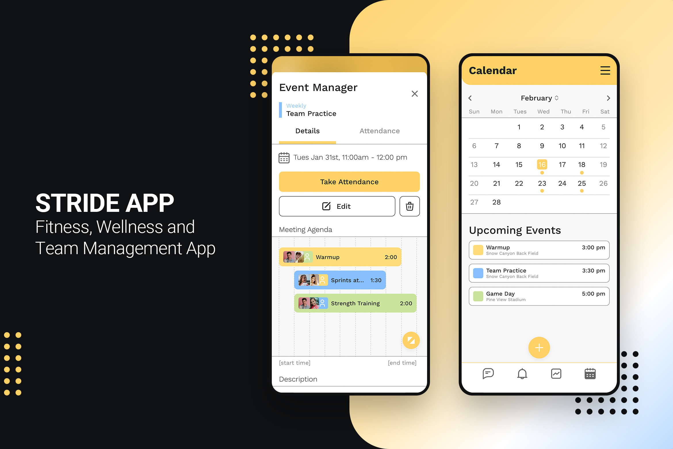 Stride | Fitness Wellness and Team Management branding calendar communication design fitness interface messaging schedule simple sports ui wellness