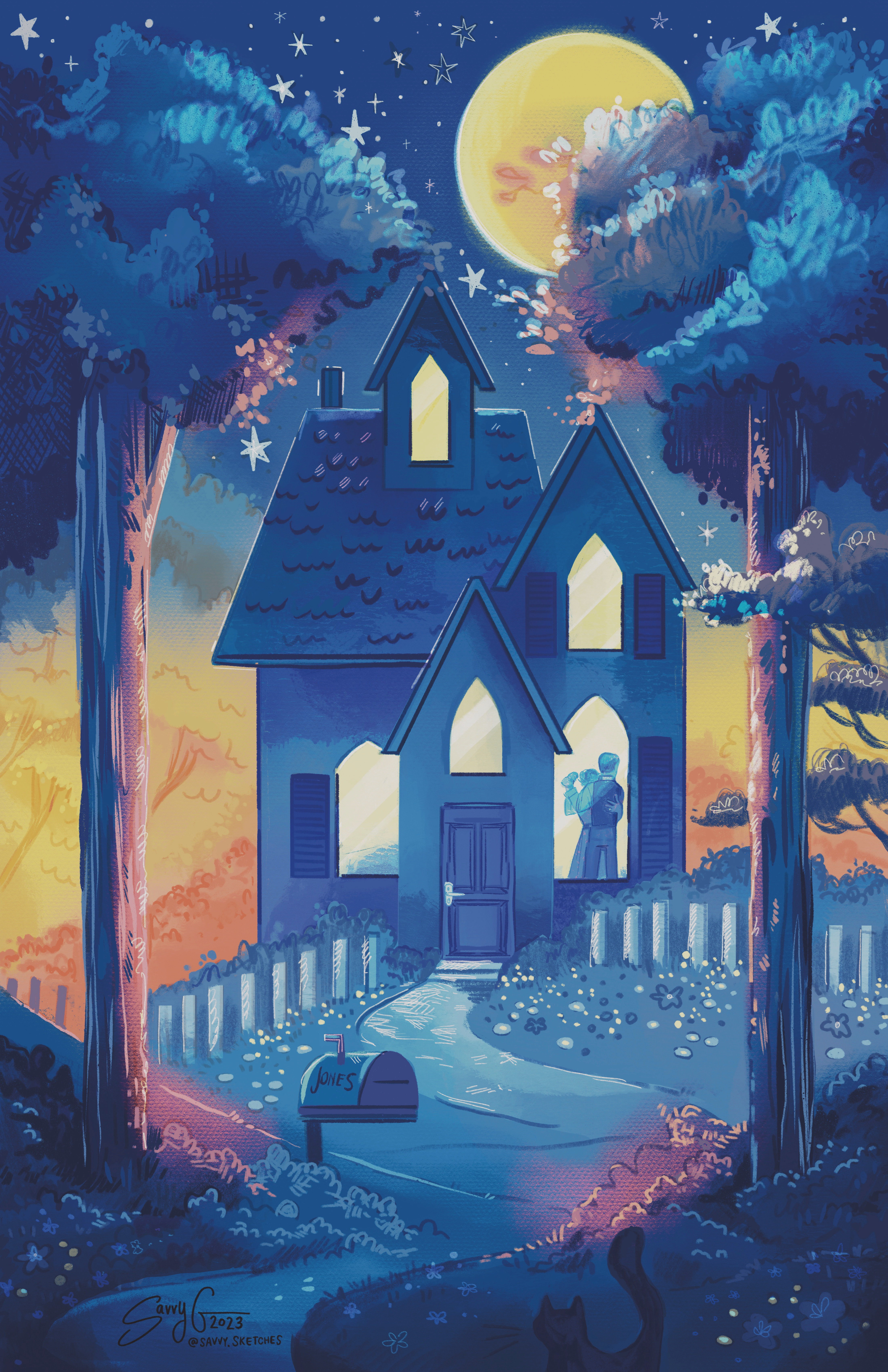 Glimpse from Within Woodland House couple dancing digital painting house illustration procreate starlit stars storybook storytelling windows woodland