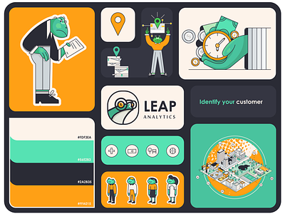 LEAP analytics - ILLUSTRATION SYSTEM analysis bento bento box brand identity branding character color palette design flat frog geometrical illustration illustration system isometric location logo design minimal money persona vector