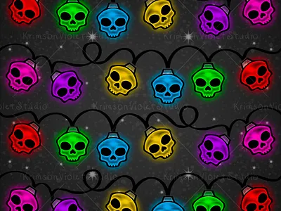 Colorful Skull Christmas Lights - Snow & Stars Background affinity photo bright lights christmas lights christmas pattern colorful lights edgy christmas glowing lights gothic christmas gothic pattern holiday lights multicolored lights procreate pattern skulls skulls pattern winter solstice