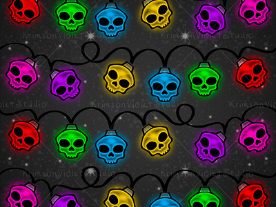 Colorful Skull Christmas Lights - Snow & Stars Background affinity photo bright lights christmas lights christmas pattern colorful lights edgy christmas glowing lights gothic christmas gothic pattern holiday lights multicolored lights procreate pattern skulls skulls pattern winter solstice