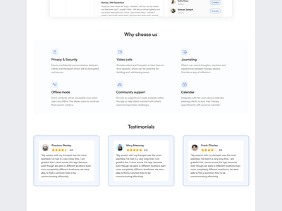 Features and testimonial for a therapy website landing page. blue clean features minimalistic testmonial therapy ui