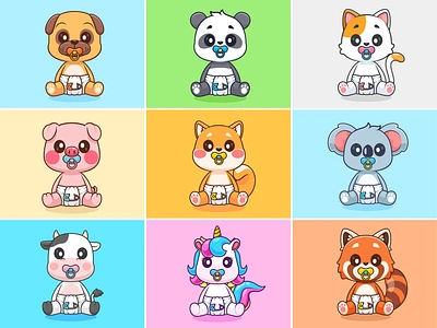 Animal Baby🐶🐼🐷 animals baby cat children cow cute diaper dot icon illustration kids koala logo nipple panda pet pose sitting unicorn zoo