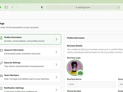 Paytrugo - Settings admin dashboard fintech settings ui
