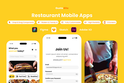 GustoBite - Restaurant Mobile App application apps cook delight foods interface layout recipe restaurant screen sketch taste ui user ux