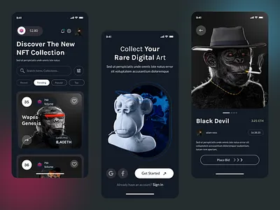 NFT Marketplace Mobile App Design app design auction blockchain collectibles cryptoart cryptocurrency design ethereum forex landing page marketplace mobil app mobile nft ui uiux ux web design website