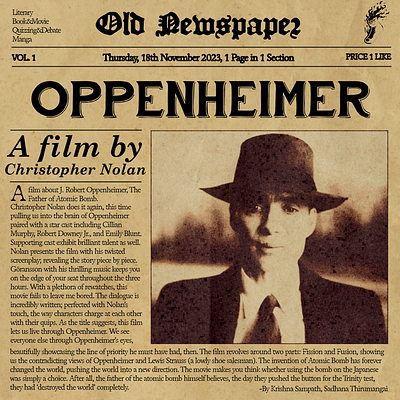 Oppenheimer Review Post with an old newspaper theme