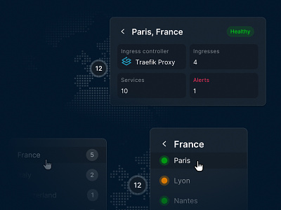 Contextual map card 🗺️ card dark dialog floating hub ingress map saas status steps traefik ui ux