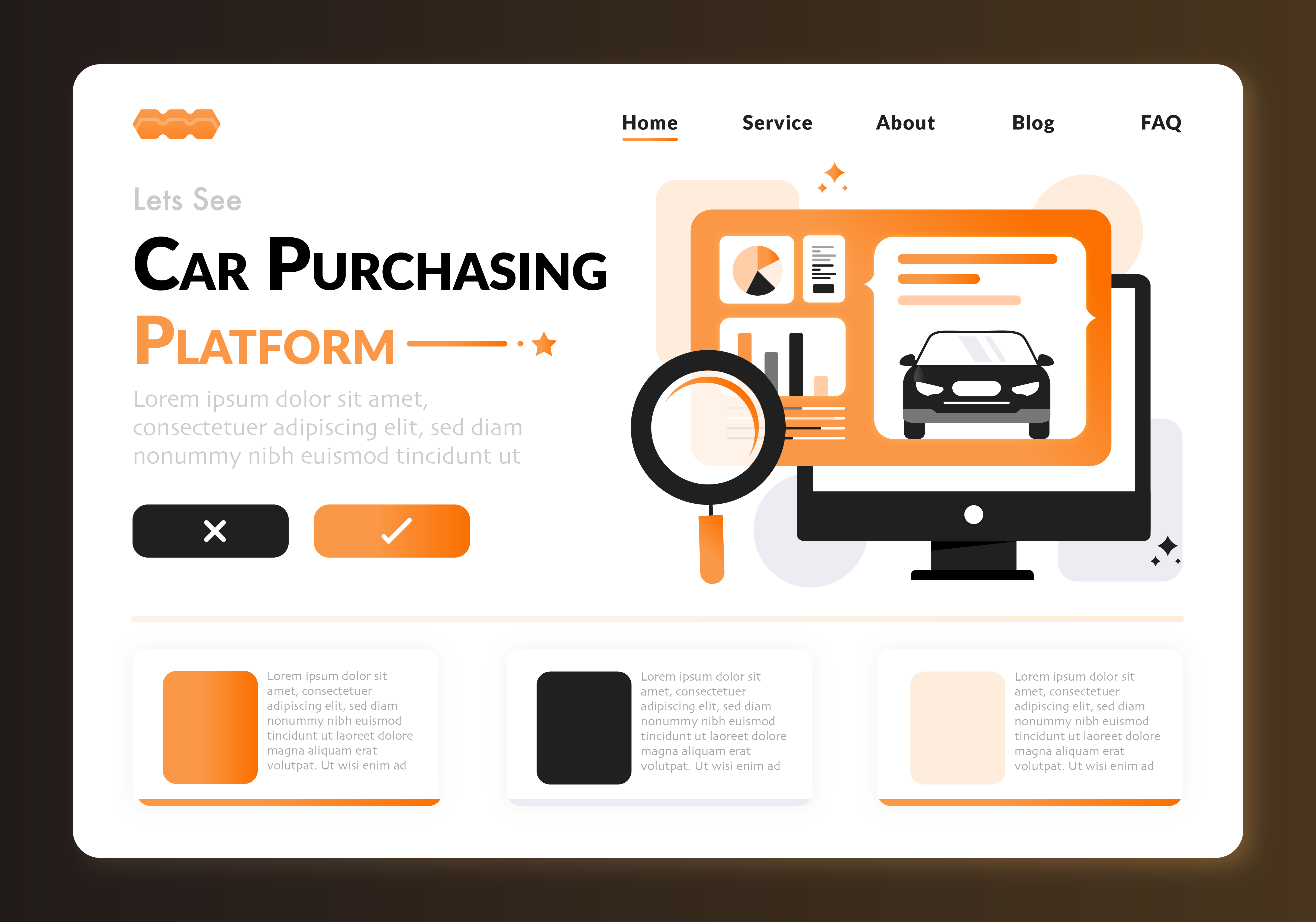 Design of landing page for buying and selling cars online. car configuration illustration color theme colorful design flat design graphic design illustrations landing page design laptop pc search analytics ui design