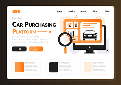 Design of landing page for buying and selling cars online. car configuration illustration color theme colorful design flat design graphic design illustrations landing page design laptop pc search analytics ui design