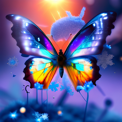 Purple butterfly and snowflakes ai digital art