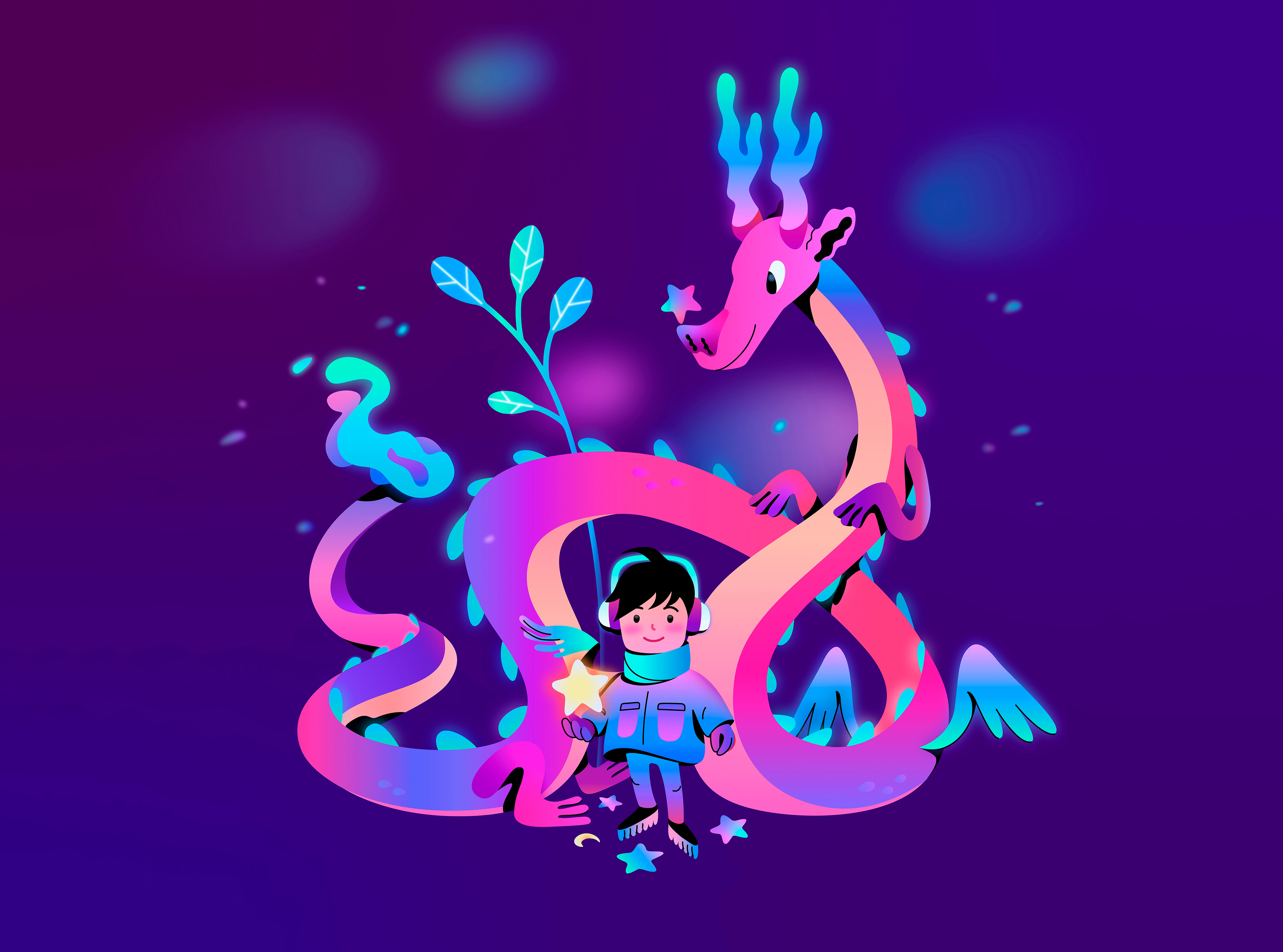 Winter dragon 2024 character design dragon gradient illustration new year vector