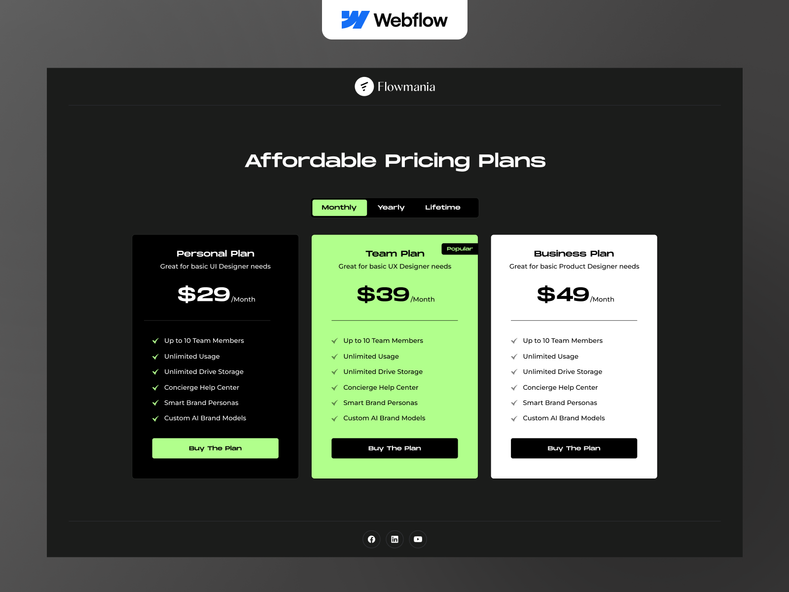 Pricing Plan Using Webflow Tab animation flowmania motion graphics plan pricing pricing table ridoyrock ui webflow