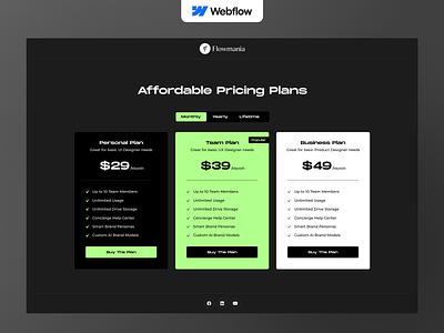 Pricing Plan Using Webflow Tab animation flowmania motion graphics plan pricing pricing table ridoyrock ui webflow