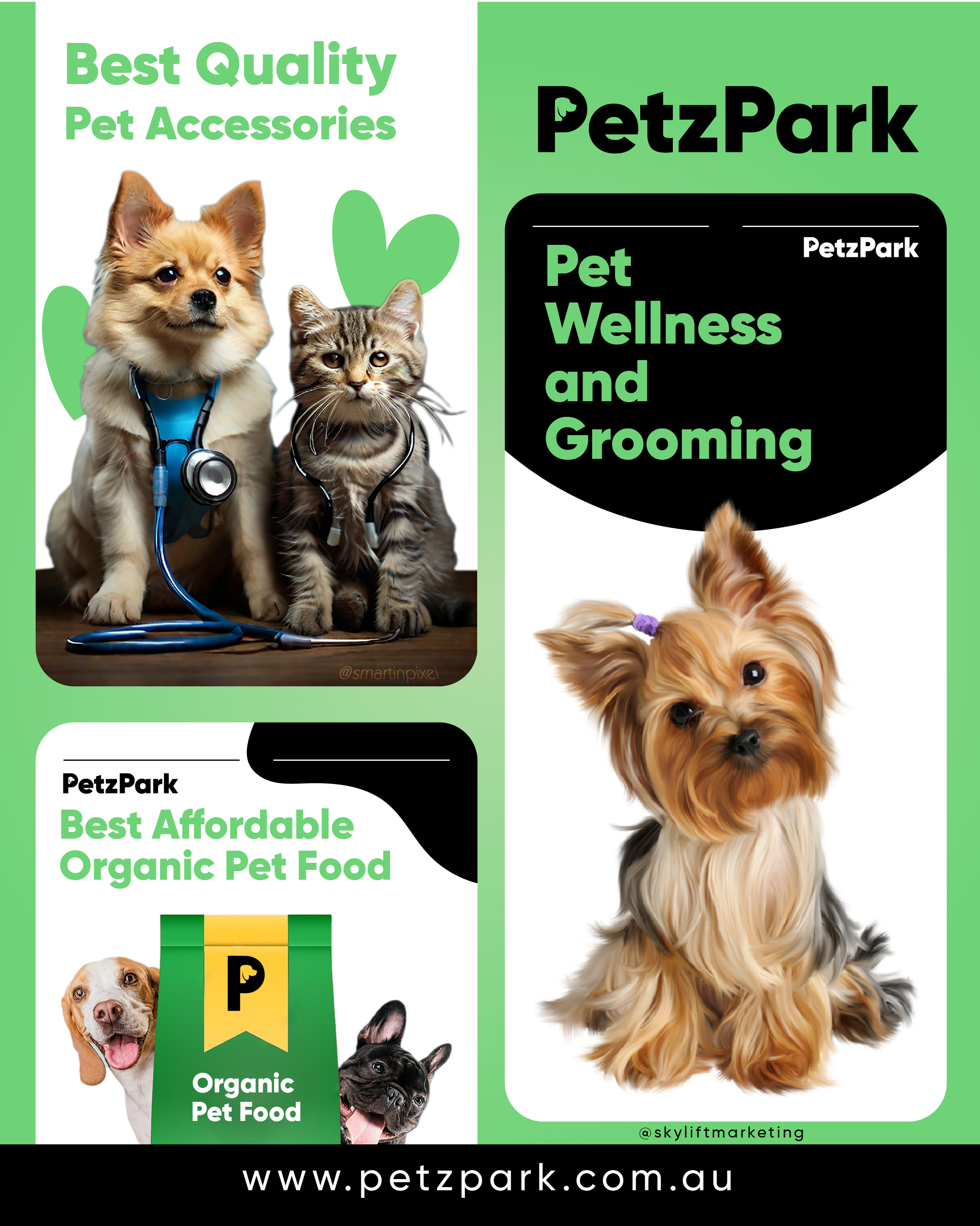 PetzPark pet accessories, organic food, Wellness graphic design
