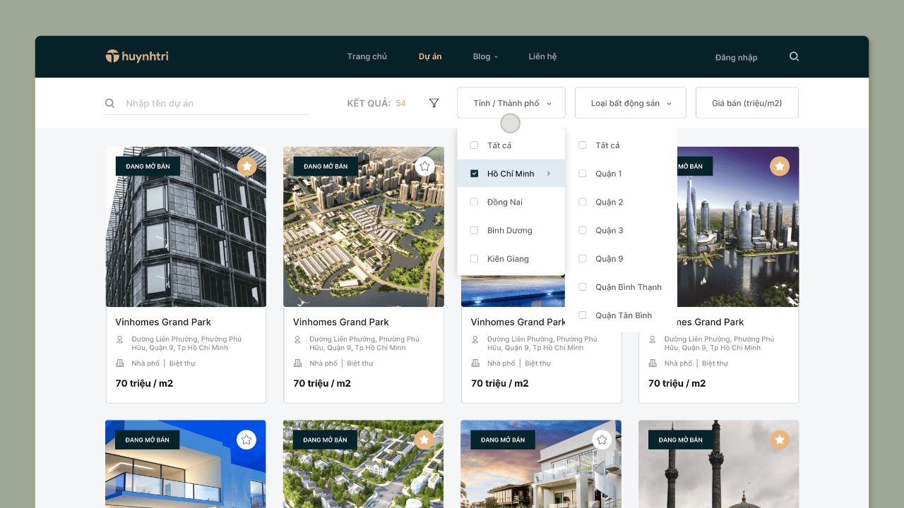 Huynh Tri | Real Estate Search | Web Design cards layout product real estate search search result web design