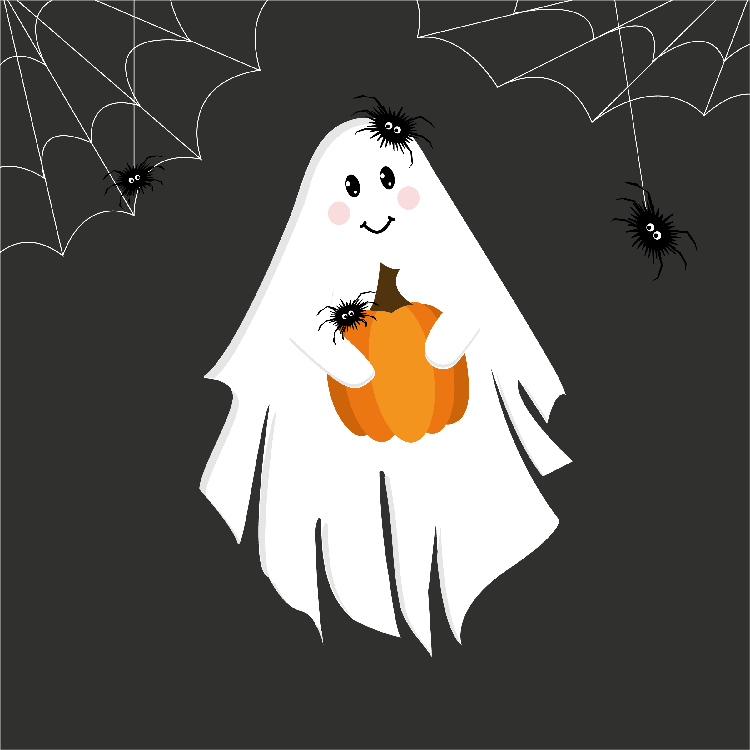 Halloween print for the kids room 2d illustration adobe illustrator blackwhite character cute ghost ghost ghost with pumpkin halloween illust illustration kids room nursery decor orange print pumpkin spiders vector vector art vector illustration wallart