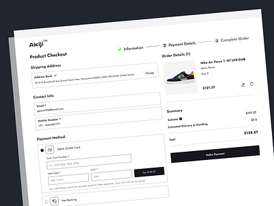 E-commerce product checkout page(Web) checkout flow checkout page clean contact information details page minimal order details payment method product product checkout product details product showcase shipping address uiux user interface website website design