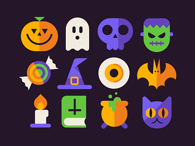 Halloween icon set bat black cat candy cauldron design flat frankensteins monster ghost halloween horror icon set icons leo alexandre monsters pumpkin scary skull spooky vector witchs hat