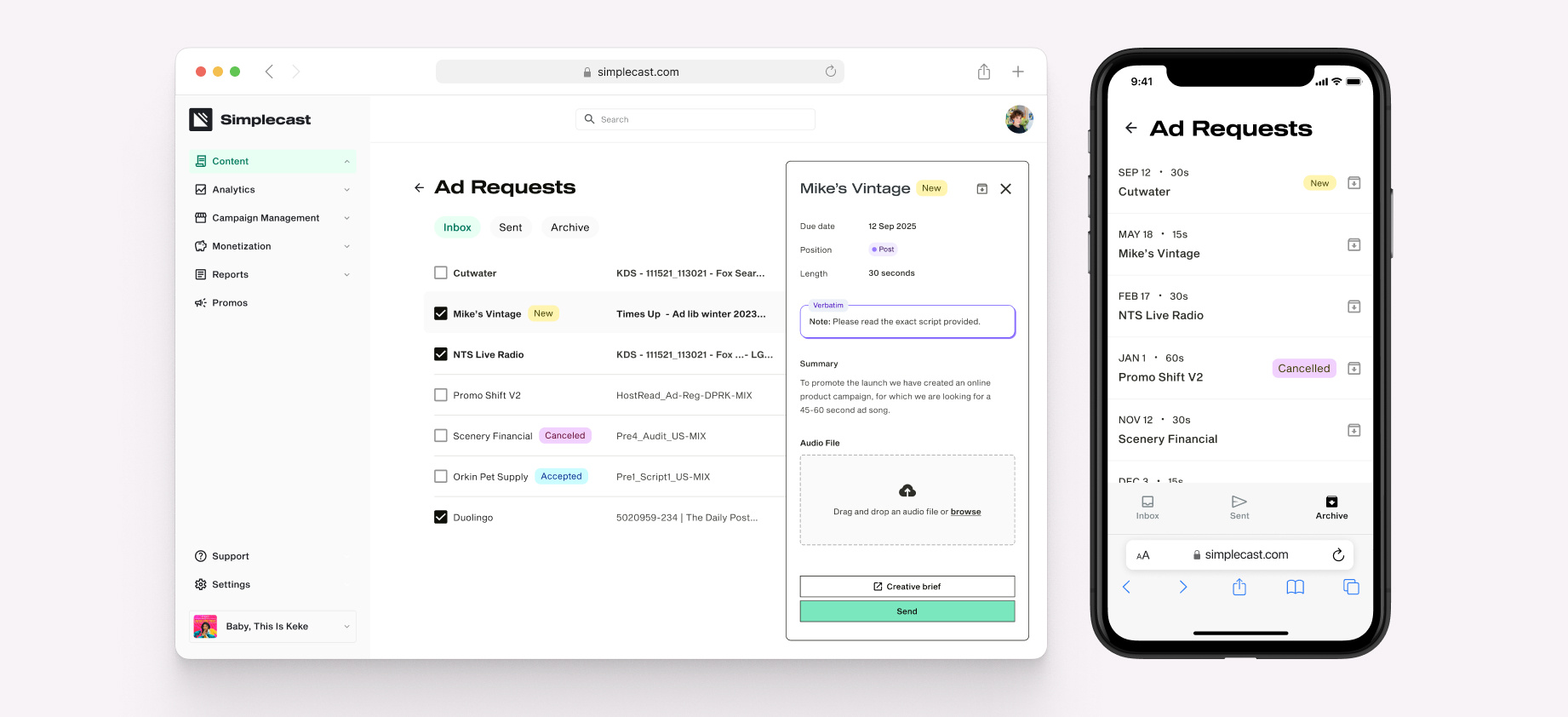 Podcast Ad Dashboard component dashboard drawer request sidebar ui