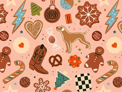 Colorful Holiday Treat Surface Pattern christmas cookie dessert feminine food gingerbread holiday illustration mid century sugar texture treats tree truffle vintage