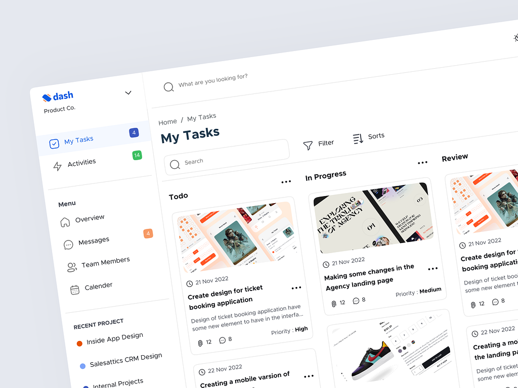 Dash - Task Management Dashboard UI Design chat dashboard design design flow files flow layout management popup profile project project details status task task list task management team activity timeline uiux web design