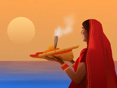 Chhath Puja: A Vivid Illustration of Devotion aarti arghya art chhath puja color cultural design digital illustration enthusiasts exploration festival graphic design illustration minimal morning traditional ui women