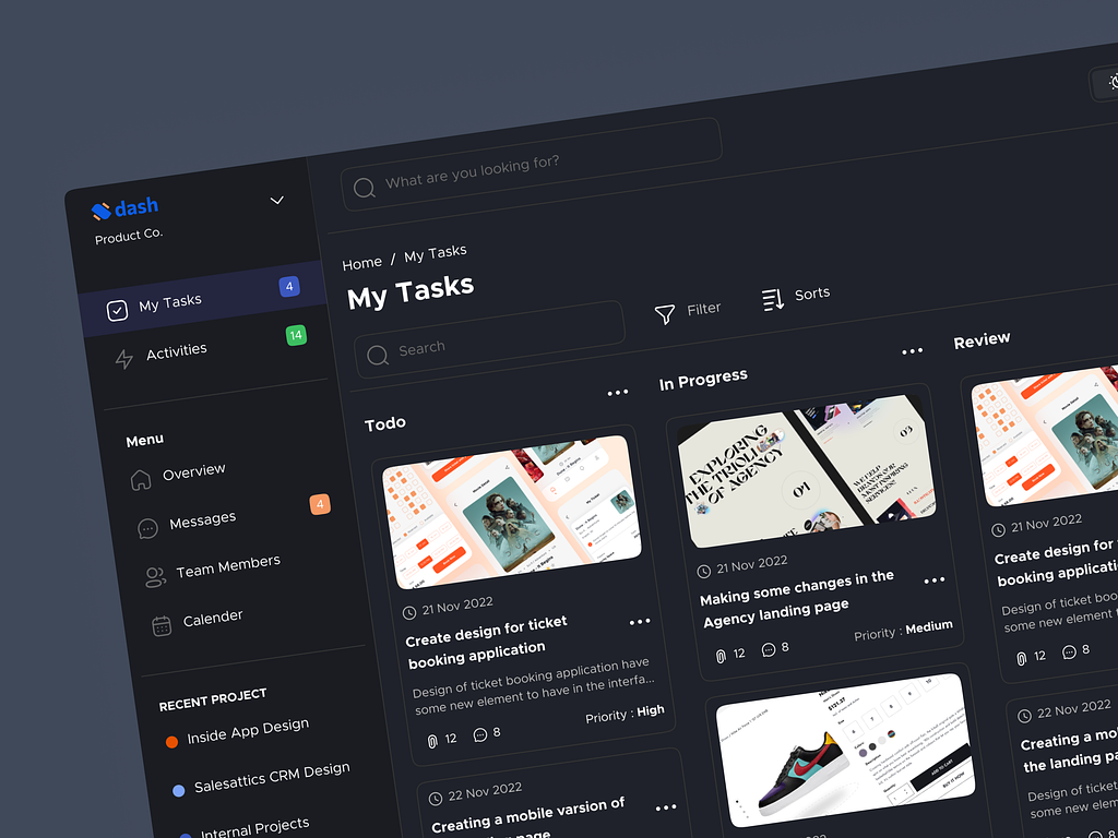 Dash - Task Management Dashboard UI Design [Dark Mode] add chat clean dashboard design design flow file flow layout management pop up profile project project details status task task list team activity timeline uiux