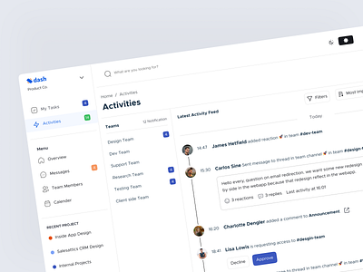 Dash - Activity Dashboard UI Design activity add chat clean comment dashboard feed filters layout list message message reply notification popup projects status team activity team management timeline uiux