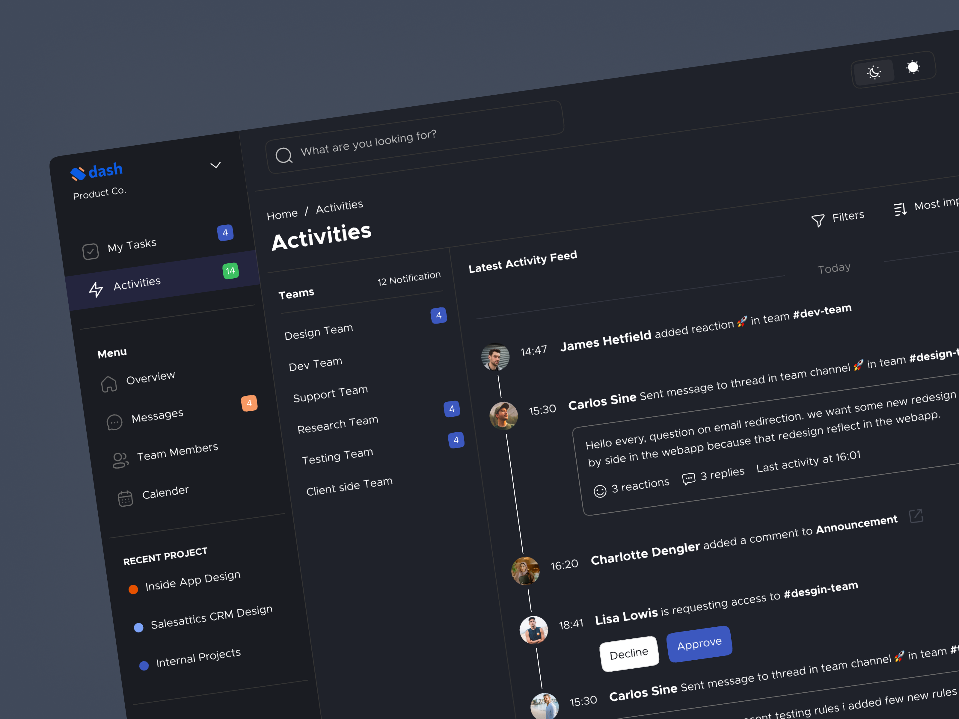 Dash - Activity Dashboard UI Design[Dark mode] activity chat clean comment dark mode dashboard feed filter layout list message message reply projects reaction status team team management timeline uiux