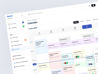 Dash — Calendar UI Page activity activity feed calender dashbaord design detail card fitler set flow meeting popup task task management timeline ui design web design