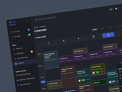 Dash — Calendar UI Page [Dark mode] activity activity feed calender calender activity dashbaord details card filter set flow meeting meeting details popup task task management timeline ui design web design