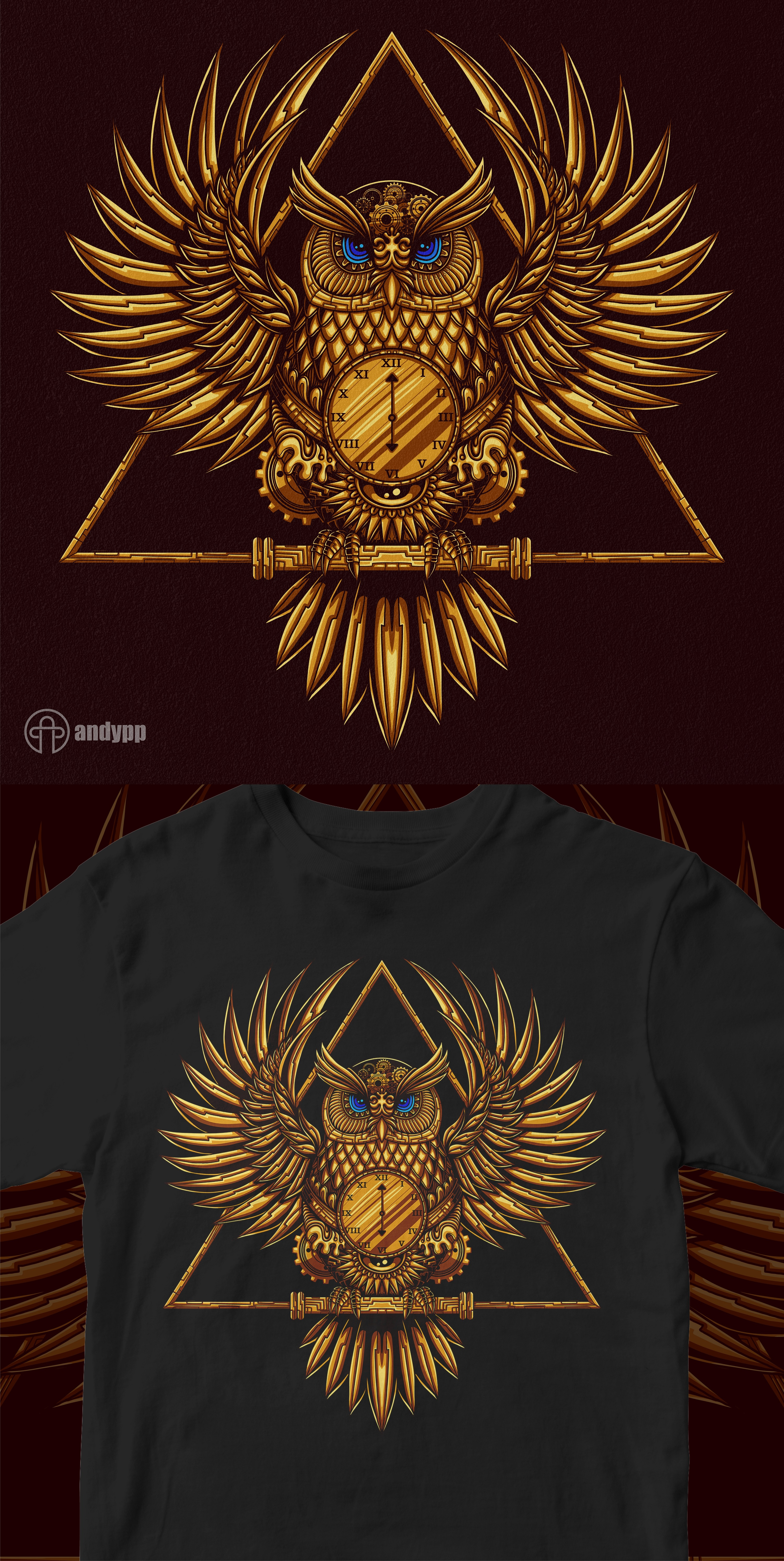 Owl Gold ( for sale ) art artwork character clothing cool dark design gold illuminati illustration logo metal occult one eye owl retro shirt t shirt tshirt