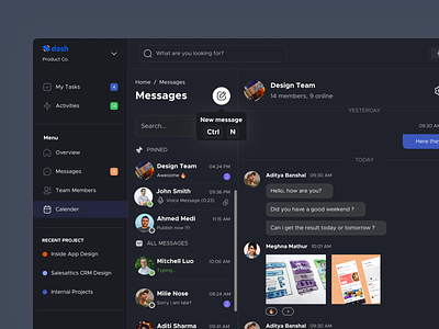 Dash - Messages UI design [Dark mode] add conver conversiation create emoji file share image message message reply pinned popup reaction reply search share team team details team management team talk