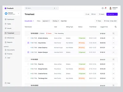 TimeSwift - Timesheet design system hours productivity project management project management software task management task management software task tracker task tracking team management time time entry time management time sheet time tracker time tracking timetracker timetracking to do todo list