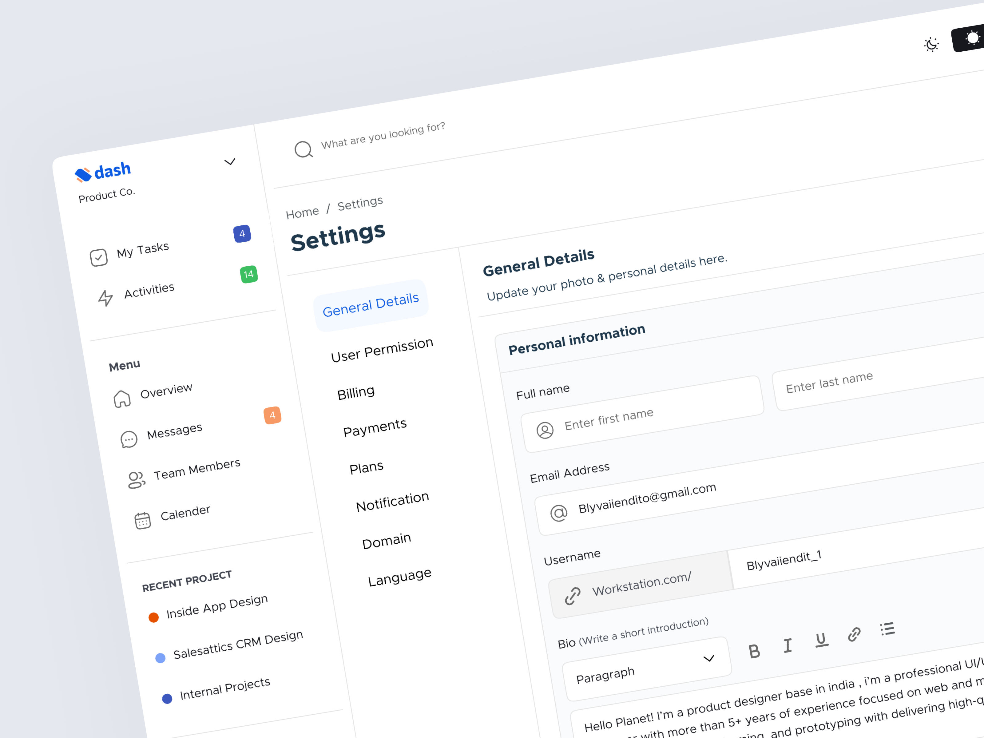 Settings page- Dash's Design System admin profile branding dashbaord details forms links personal information profile picture se setting details settings team details typography uiux update details user description user details user information web design webapp
